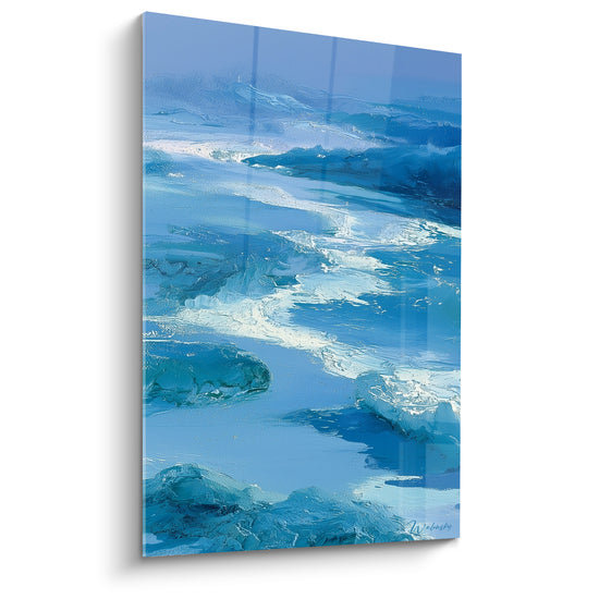 Tableau Vue aérienne bleu et blanc sur lagon récifal - Perspective aérienne côtière - Edition style Peinture abstrait