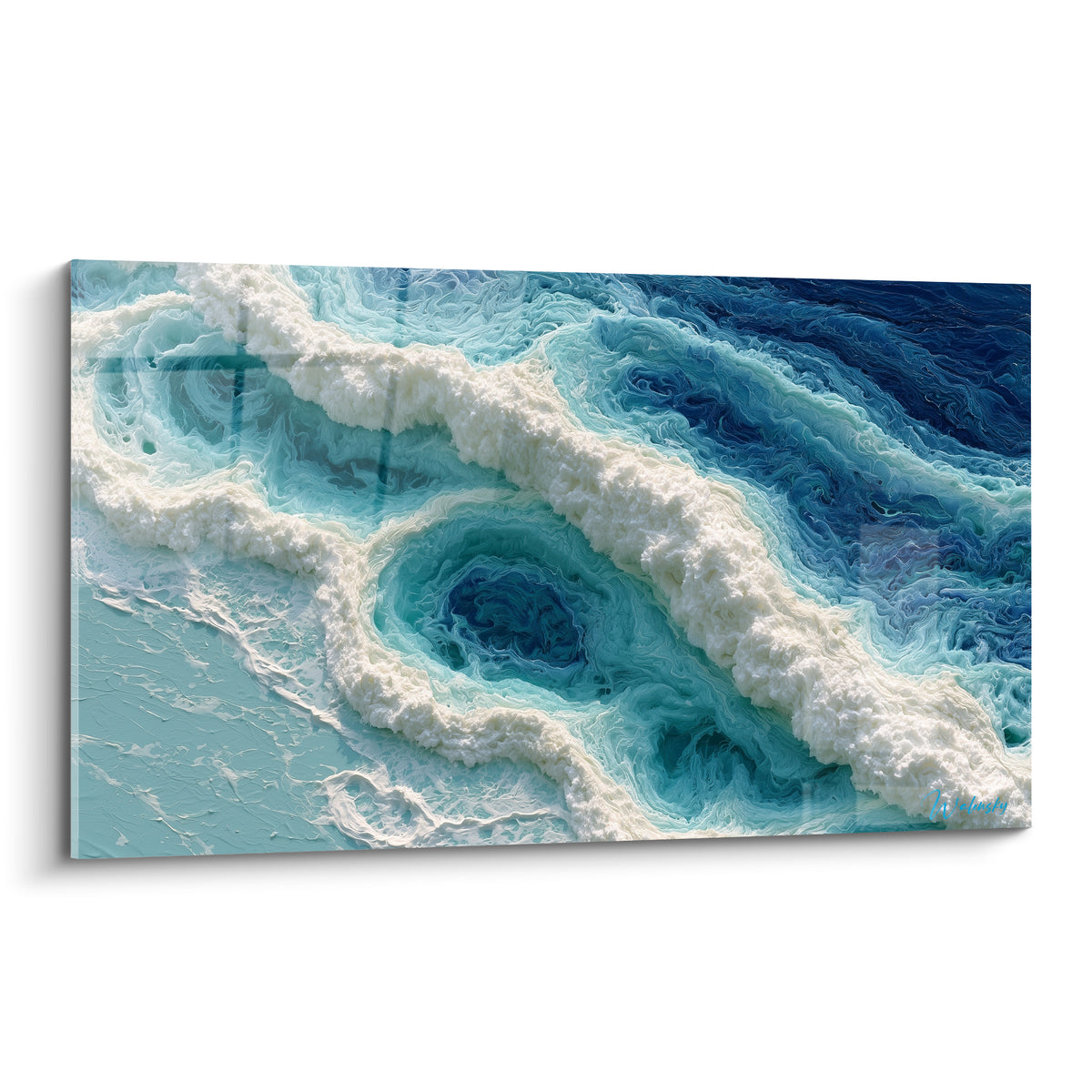 Tourbillons turquoise et écume blanche épaisse sur fond bleu marine, style Peinture abstrait océanique