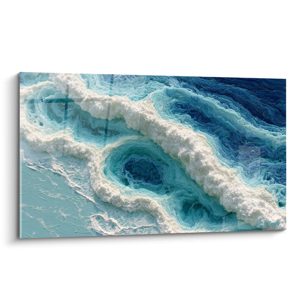 Tableau Vagues turquoise et blanches en spirales jumelles - Tourbillons marins jumeaux - Edition style Peinture abstrait
