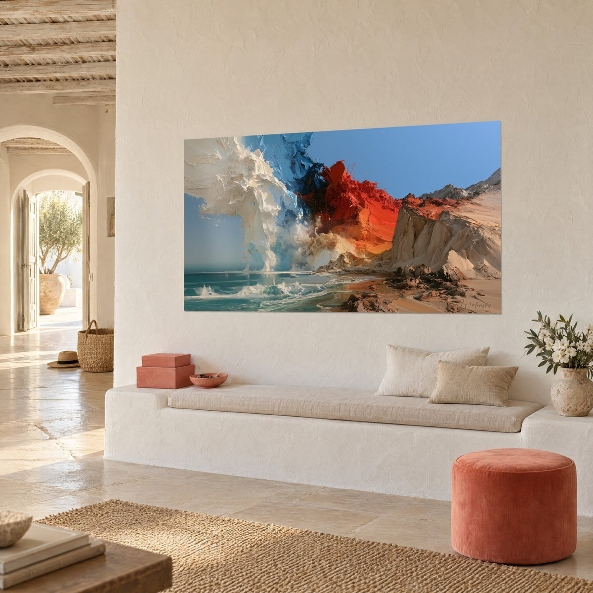 Wall art rocky coastline with cream and orange-red impasto under a blue sky, three-quarter view, arched white banquette