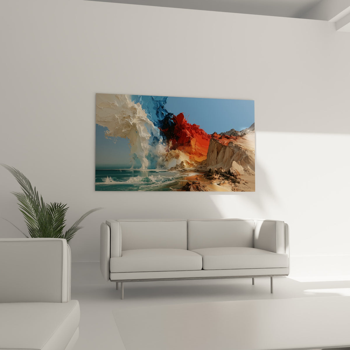 Vagues turquoise et falaise orangée en style Peinture abstrait au-dessus d'un canapé dans un salon lumineux