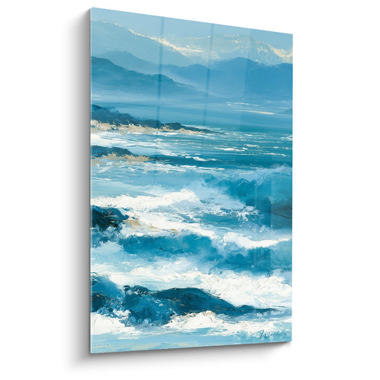 Tableau Vagues bleu turquoise sous montagnes brumeuses - Souffle du littoral - Edition style Peinture abstrait