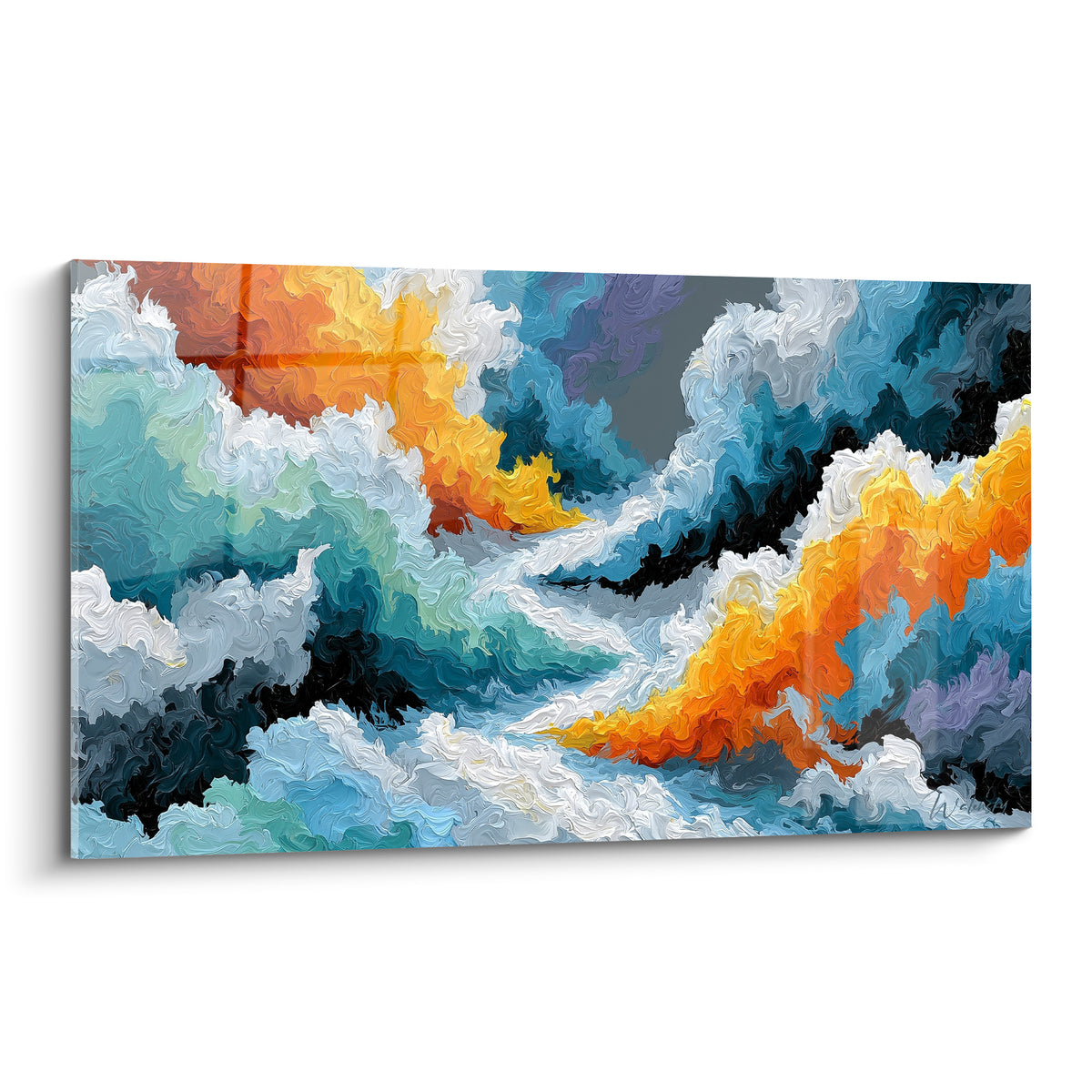 Vagues bleu turquoise et orange flamme se déployant en style Peinture abstrait aux textures épaisses