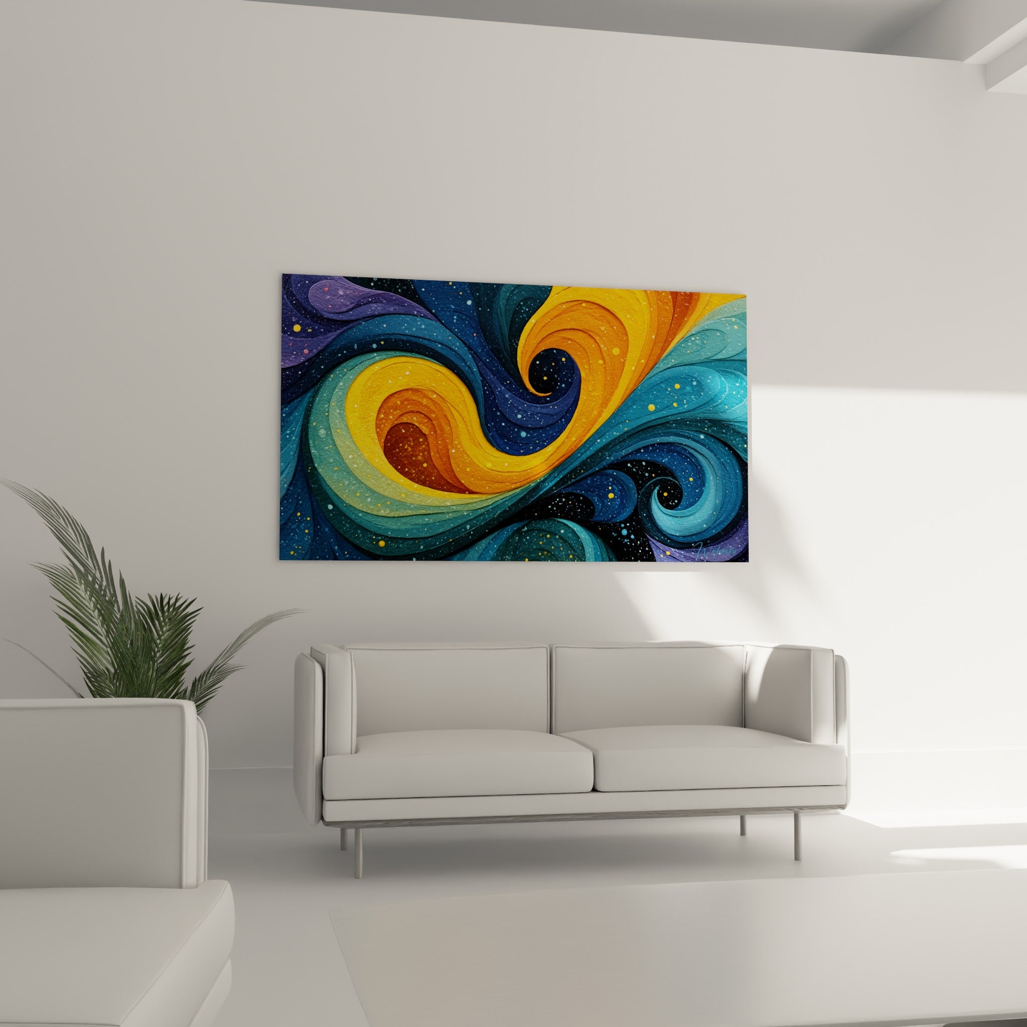 Vagues dorées et turquoise du style Peinture abstrait, suspendues au-dessus d'un canapé dans un salon lumineux