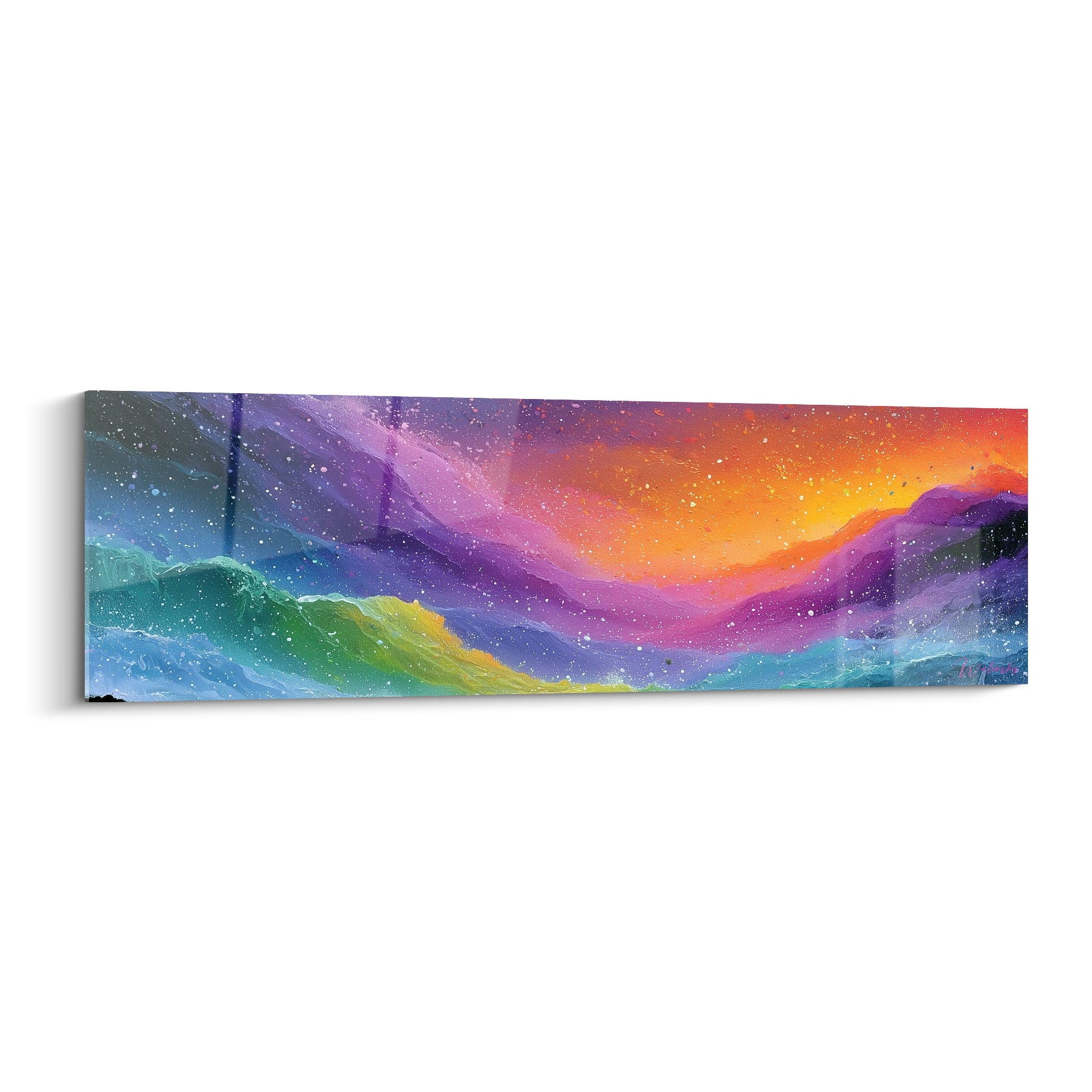 Vagues violettes et turquoise sous un ciel orangé éclaboussé, style Peinture abstrait sur toile panoramique