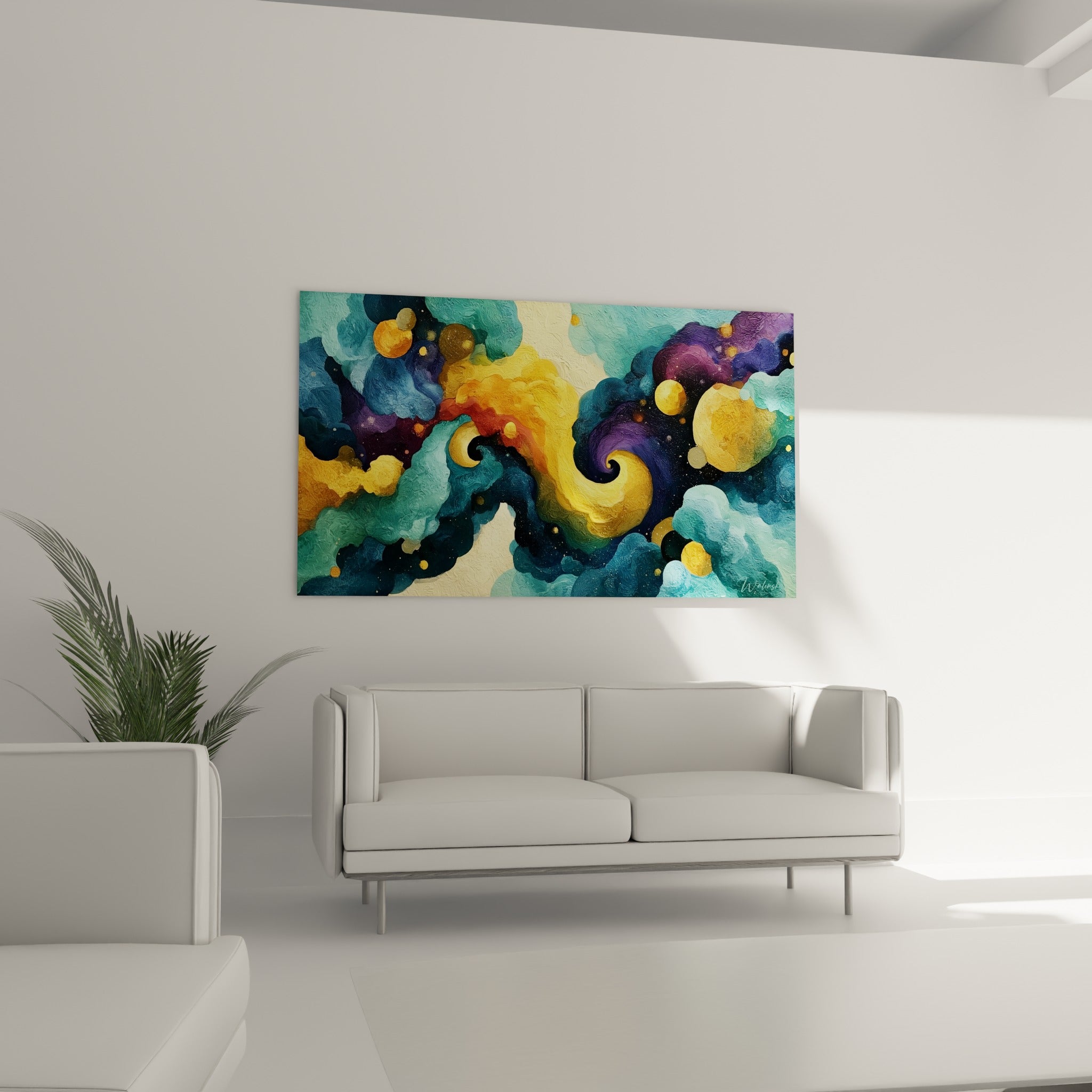 Vagues turquoise et violettes du style Peinture abstrait, au-dessus d'un canapé dans un salon lumineux