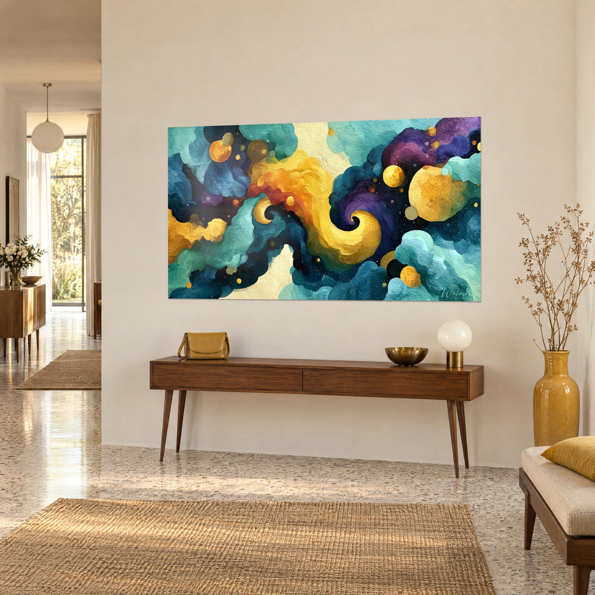 Cuadro espiral dorada sobre fondo azul noche violeta, esferas ámbar flotando, colgado encima de una consola de madera en un pasillo
