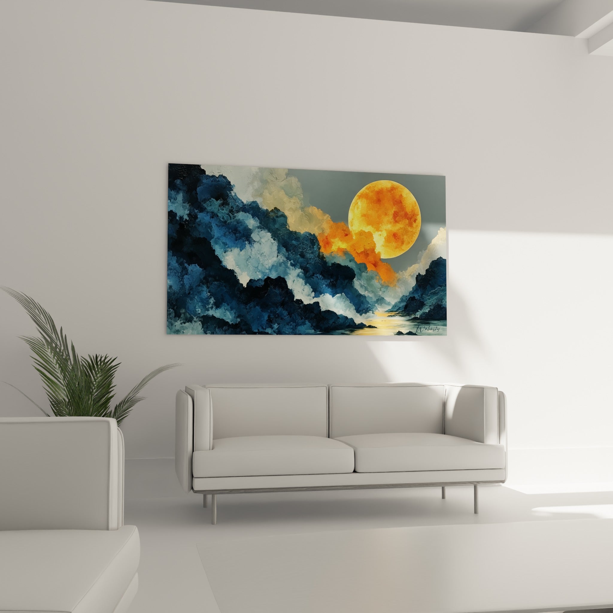 Vallée dorée et crêtes anthracite structurent ce style Peinture abstrait au-dessus d'un canapé dans un salon lumineux