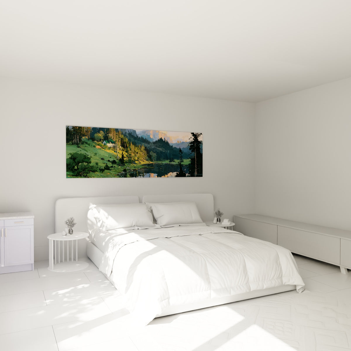 Vallée verdoyante et lac anthracite peints au-dessus d'un lit dans une chambre claire