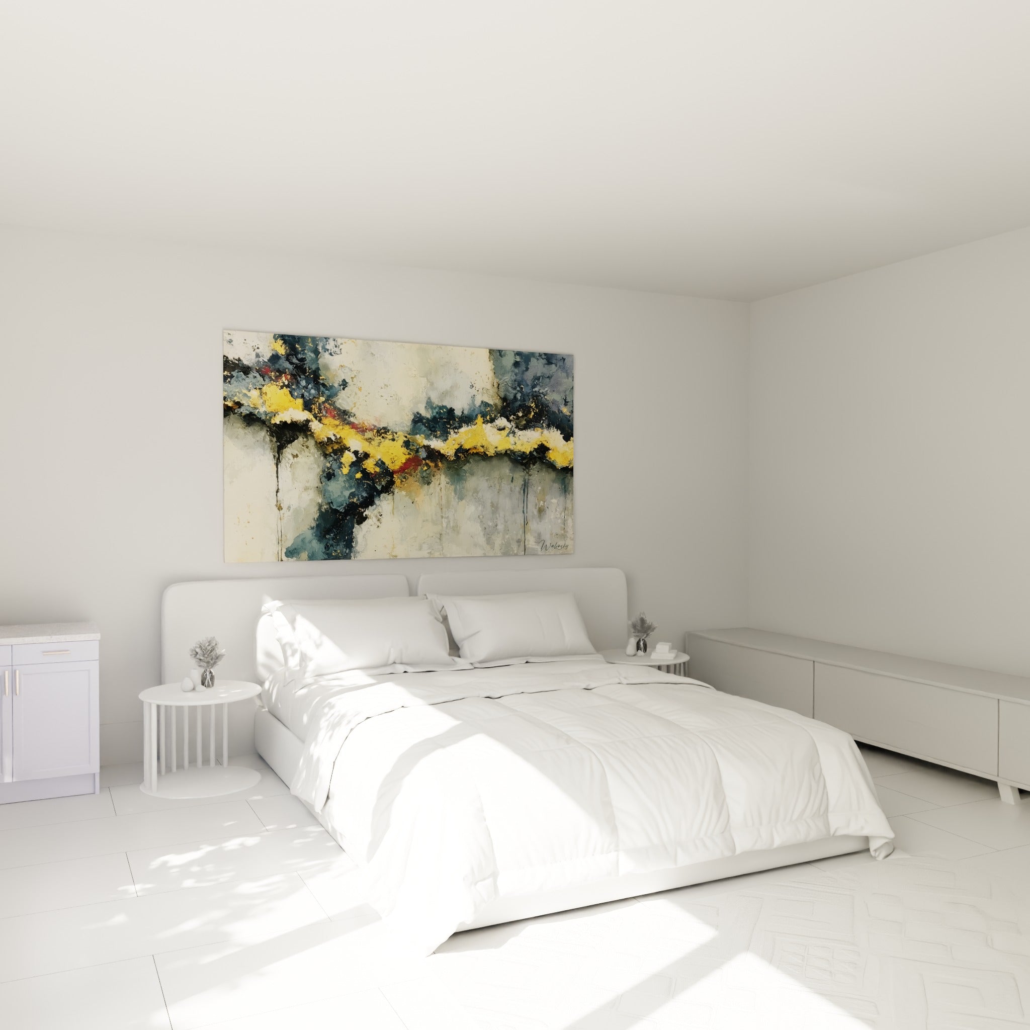Veine dorée d'un tableau abstrait anthracite accrochée au-dessus d'un lit dans une chambre claire