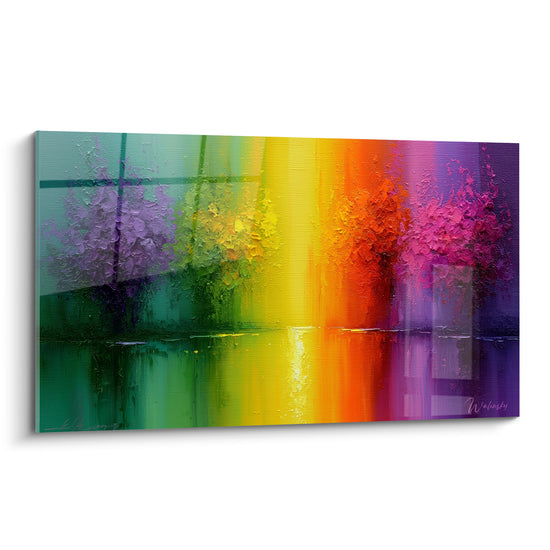 Bandes verticales vert émeraude, jaune et violet composant un tableau style peinture abstrait texturé