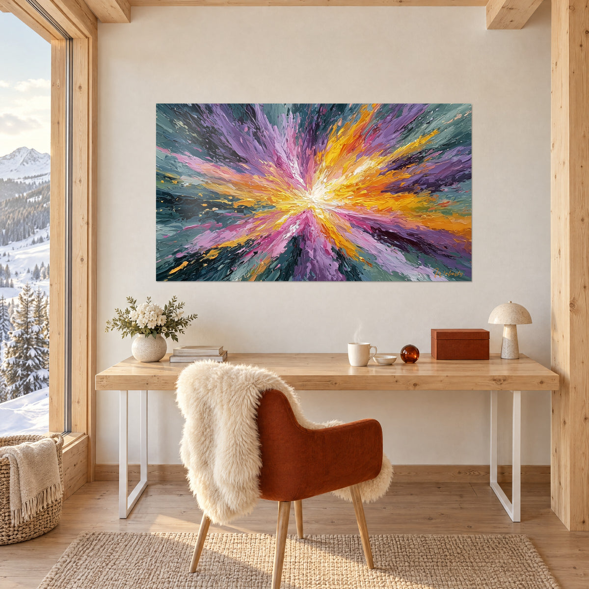 Tableau choc coloré abstrait en pâte orange et lavande sur fond vert sombre, bureau en chêne clair, fauteuil roux avec peau de mouton