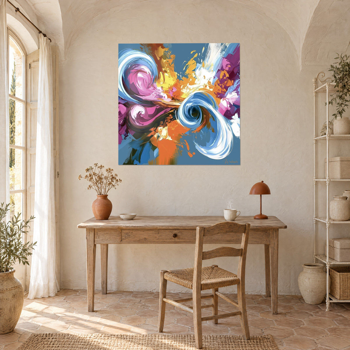 Tableau abstrait aux enroulements azur et magenta, taches ocre épaisses, au-dessus d'un bureau en bois et d'une lampe orange