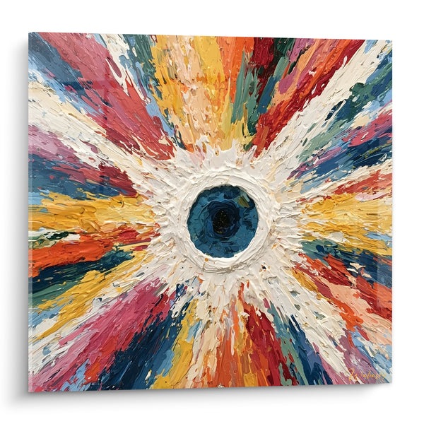 Tableau Explosion circulaire multicolore au centre bleu - Onde cosmique - Edition style Peinture abstrait