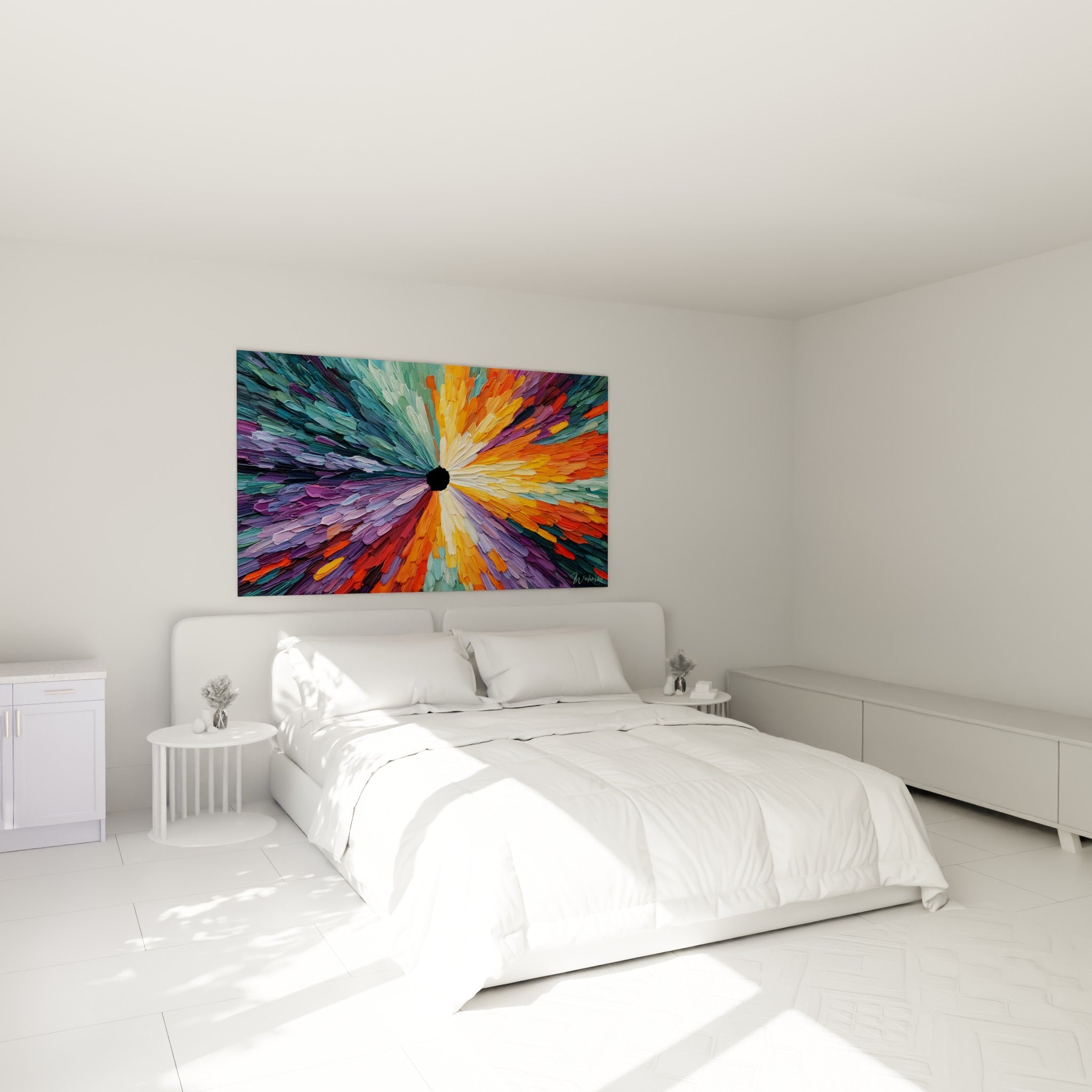 Vortex coloré orange et violet, tableau style Peinture abstrait accroché au-dessus d'un lit dans une chambre claire