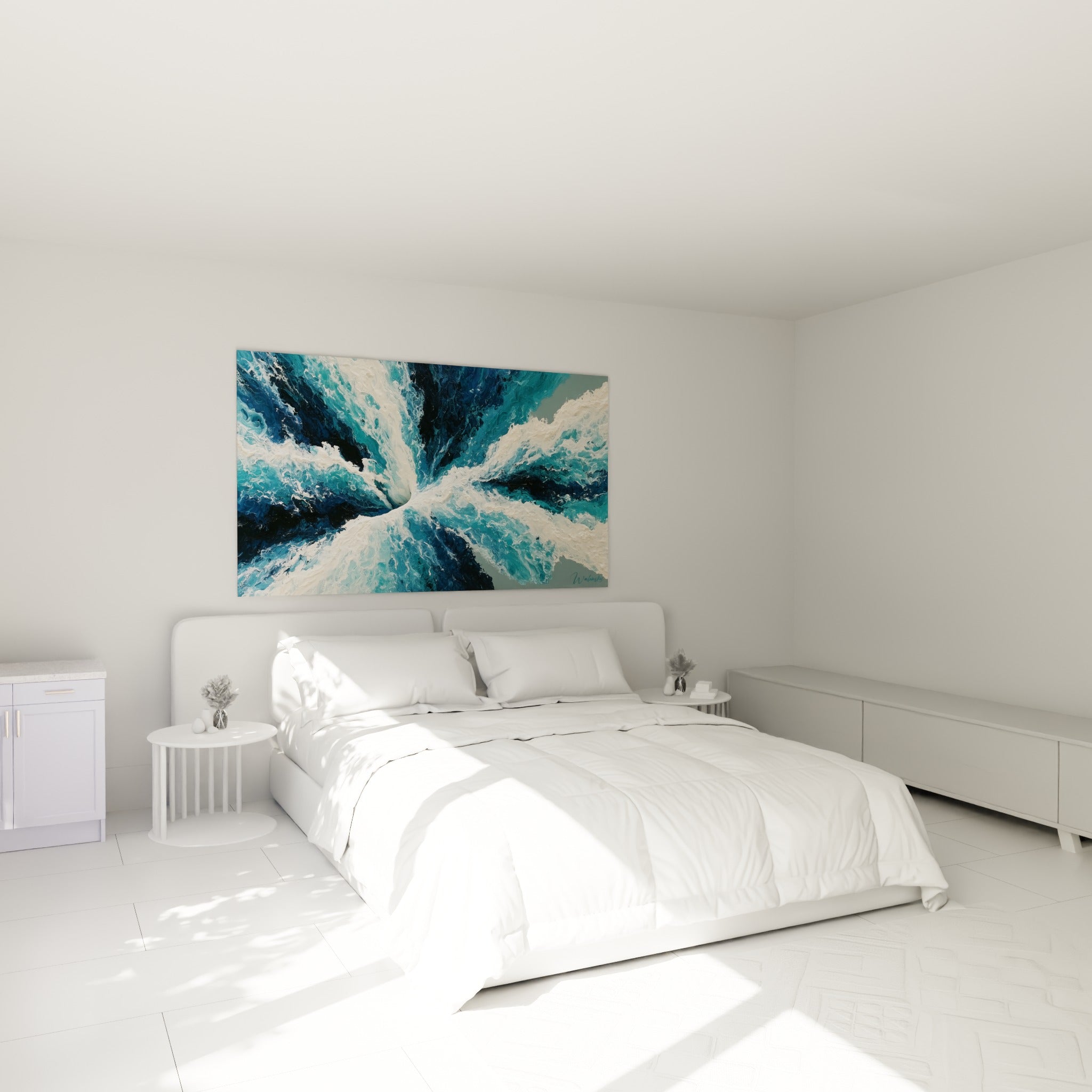 Vortex écumeux bleu marine et blanc au-dessus d'un lit dans une chambre claire