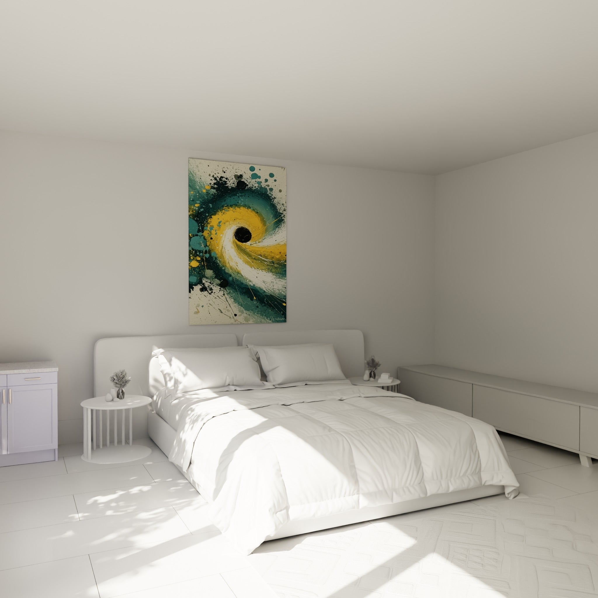 Tourbillon jaune et turquoise au-dessus d'un lit dans une chambre claire et lumineuse