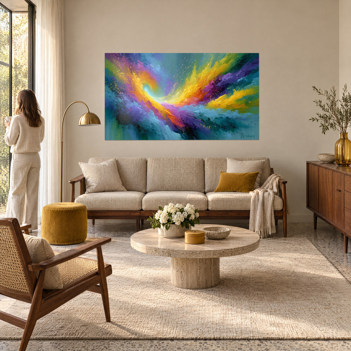 Cuadro vórtice dorado con regueros amarillo sol y violeta, núcleo turquesa, encima de un sofá en un salón luminoso