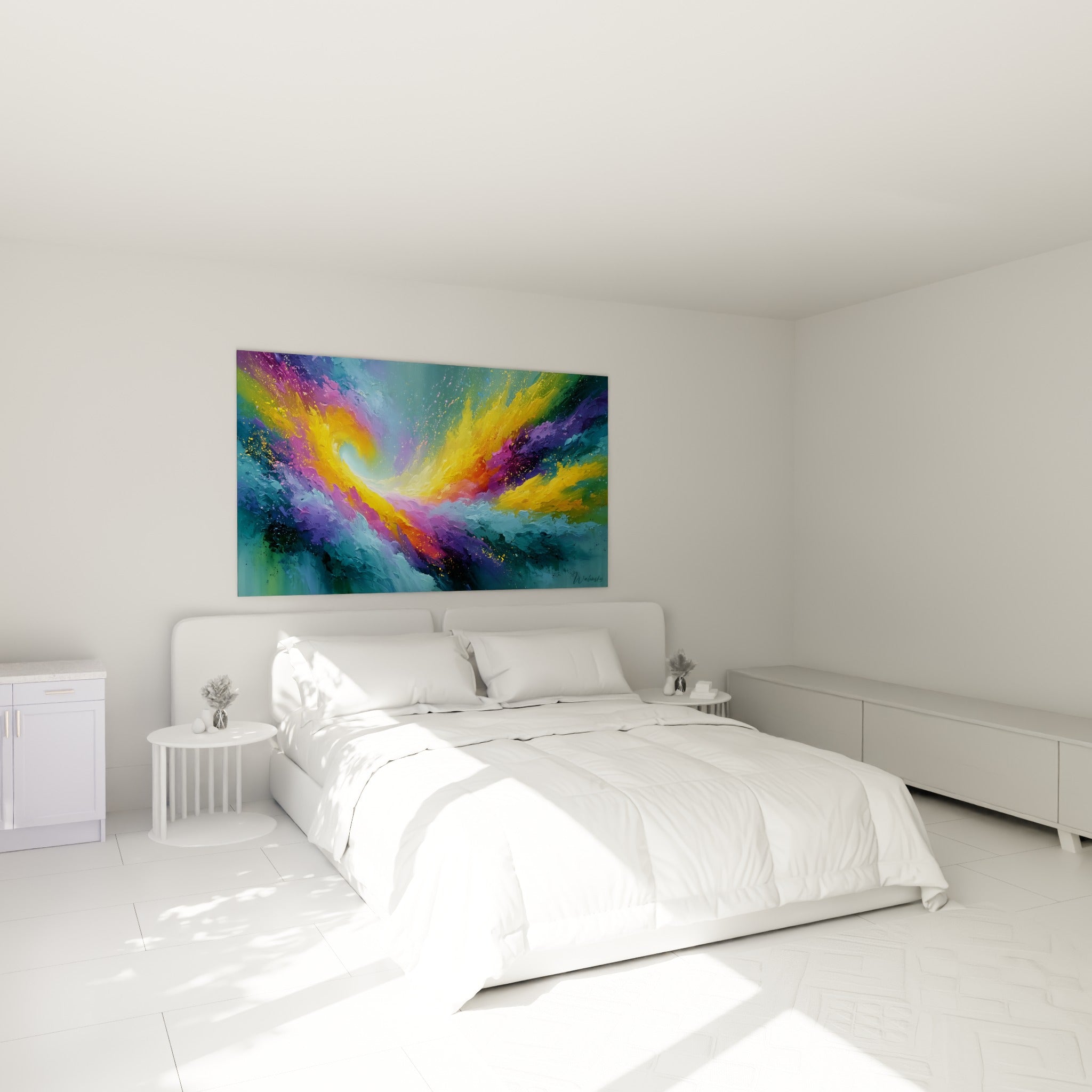 Vortex lumineux jaune et bleu, style peinture abstrait, accroché au-dessus d'un lit dans une chambre claire