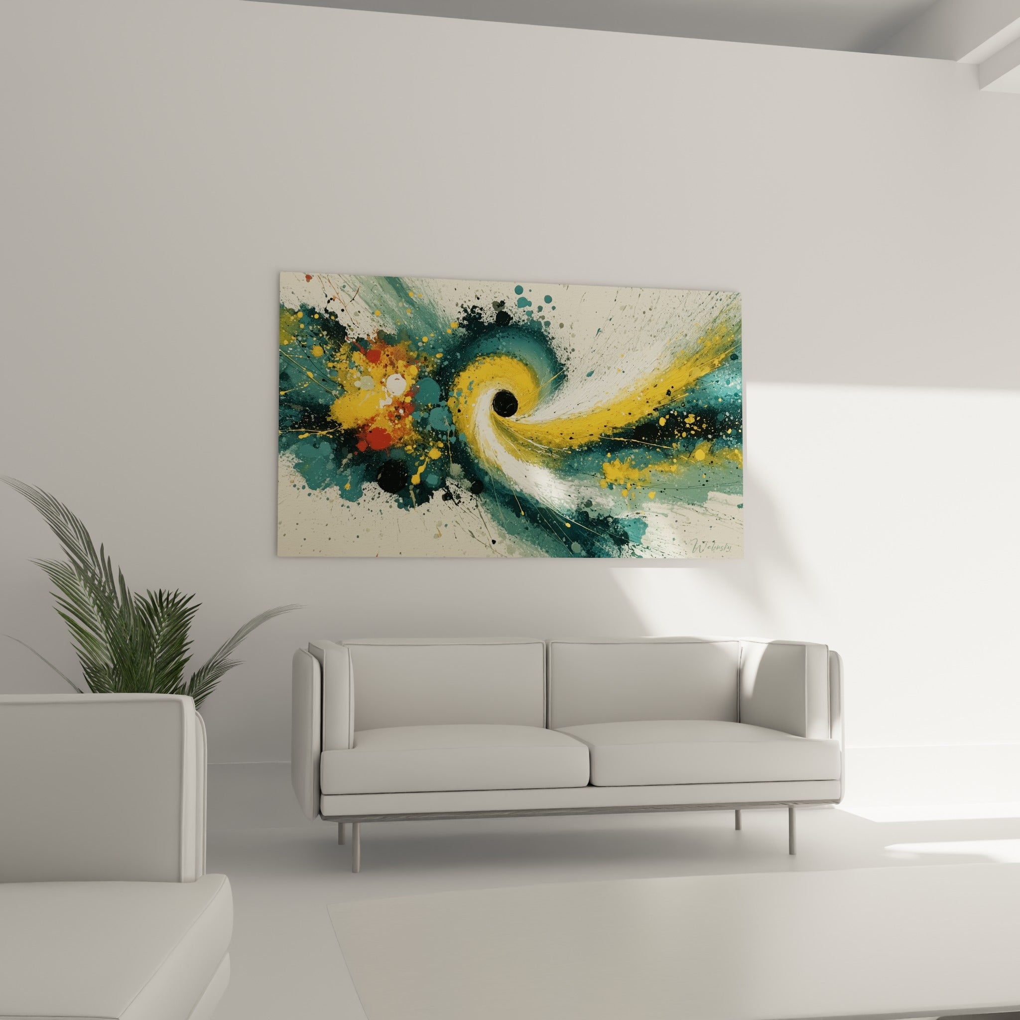 Vortex doré et bleu profond du style Peinture abstrait suspendu au-dessus d'un canapé dans un salon lumineux