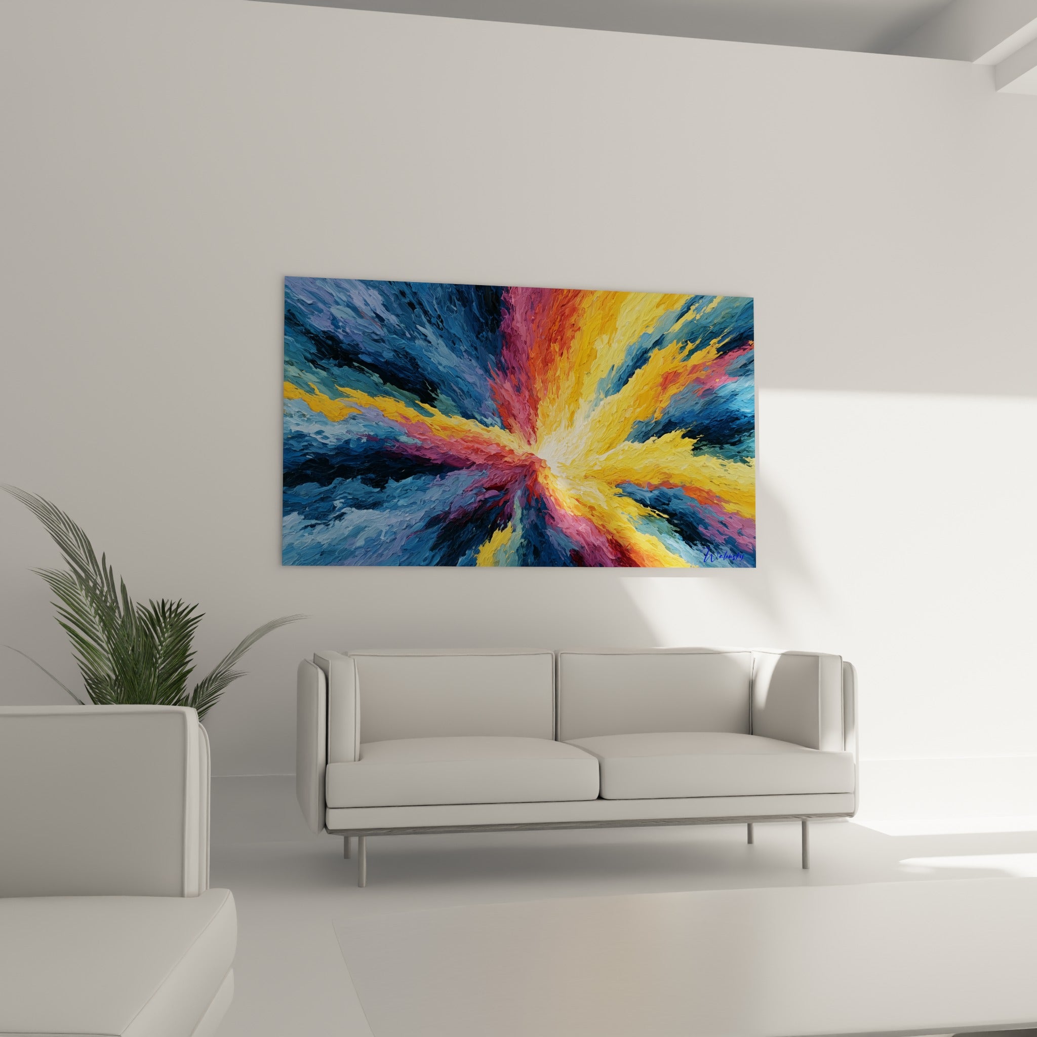 Vortex orangé et anthracite se déployant en rayons, accroché au-dessus d'un canapé dans un salon lumineux