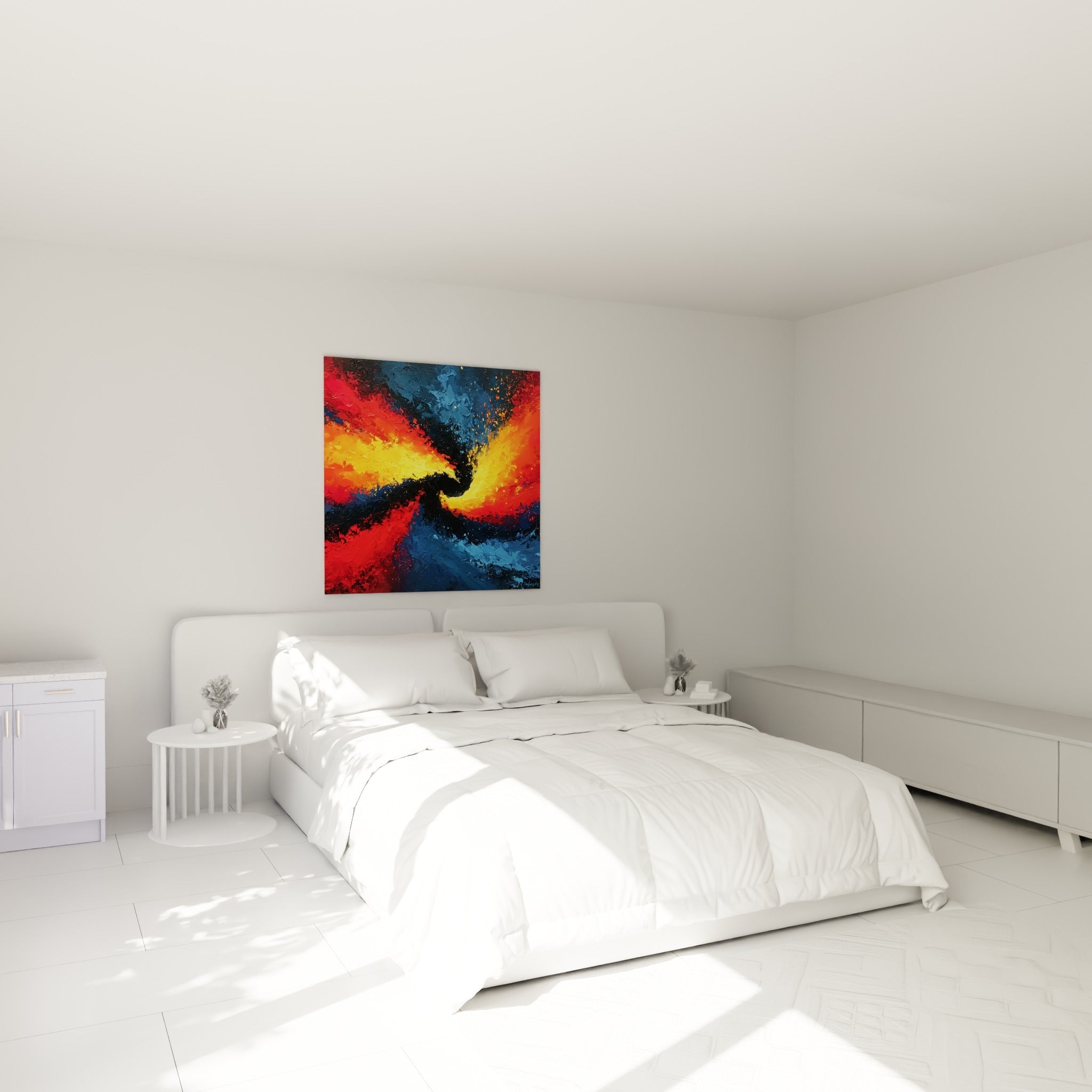 Vortex incandescent jaune et bleu nuit, style Peinture abstrait au-dessus d'un lit dans une chambre claire