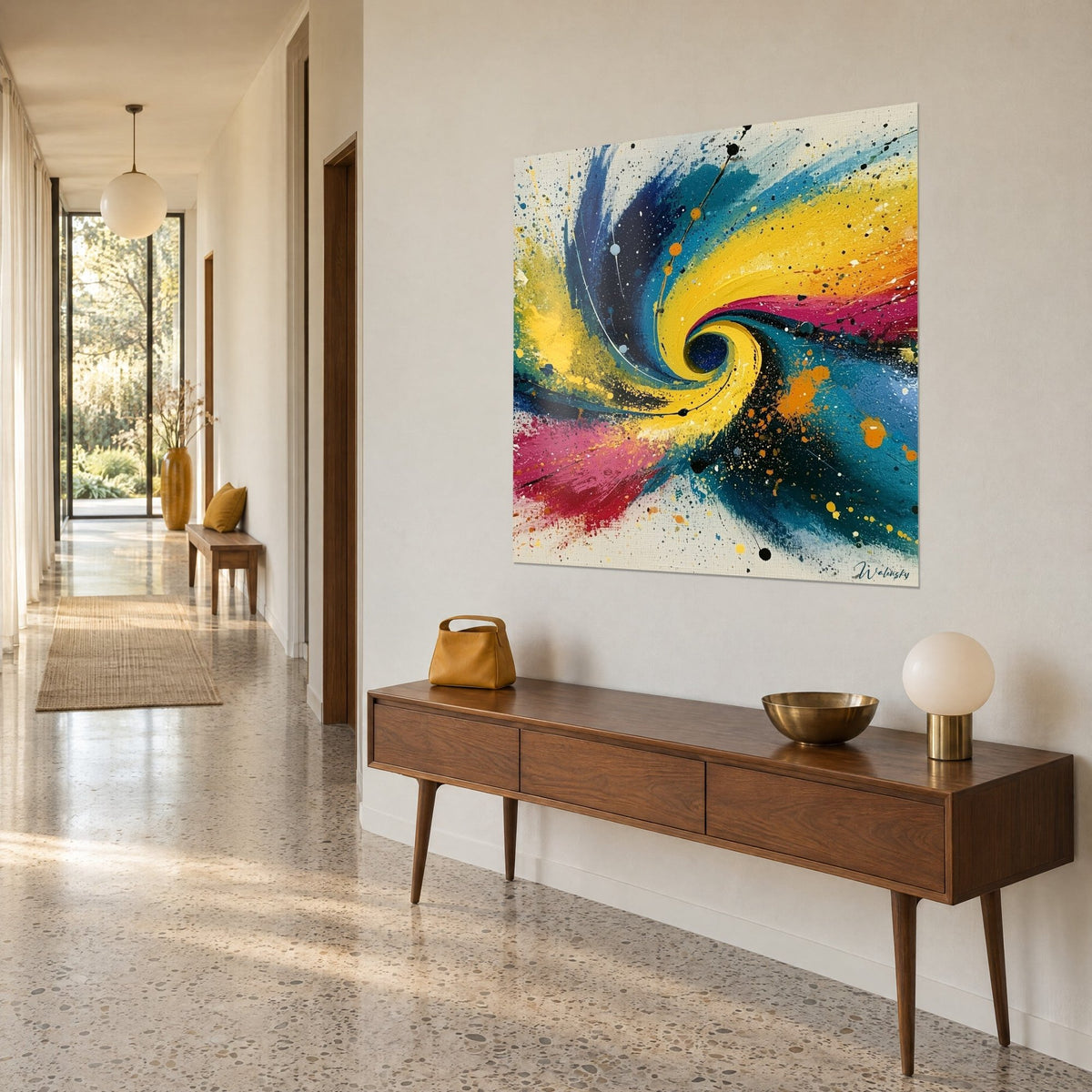 Quadro spirale solare con volute gialle, fucsia e turchesi, schizzi di inchiostro nero, in un corridoio accanto a una consolle in legno