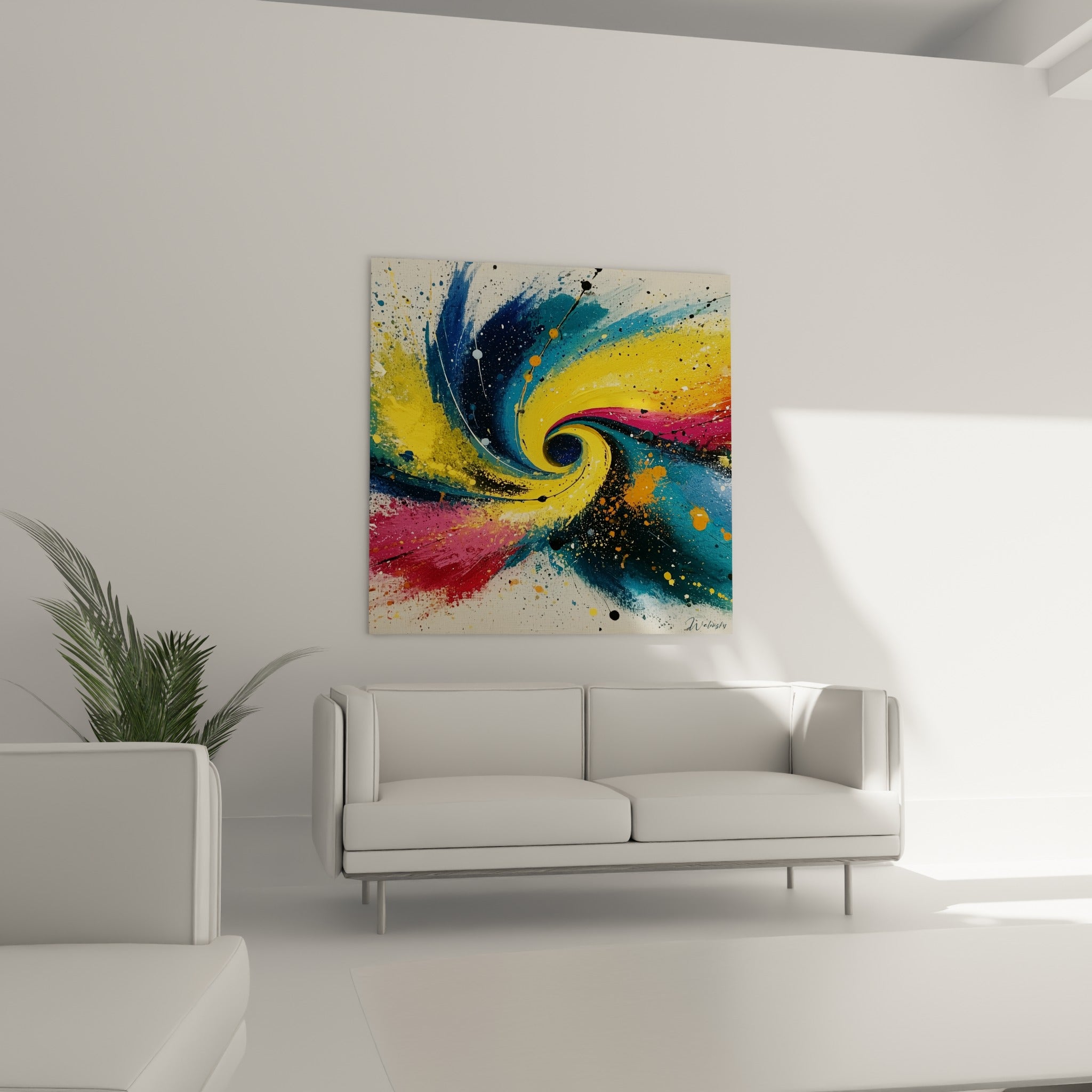 Vortex jaune et rose fuchsia, style Peinture abstrait, au-dessus d'un canapé dans un salon lumineux