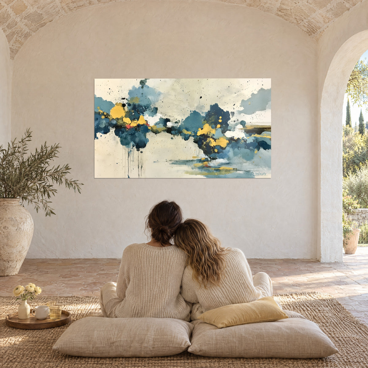 Wall art of teal blue and gold splashes on light sand background, two people embracing from behind under a stone vault