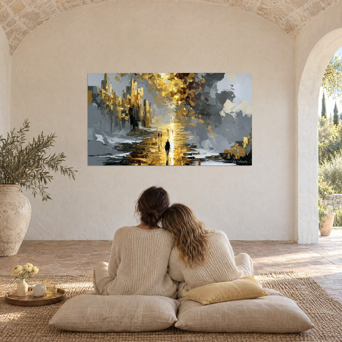 Wall art tiny strollers heading toward a golden glow, pearl grey and black impasto, under the white vaults of a Provençal farmhouse
