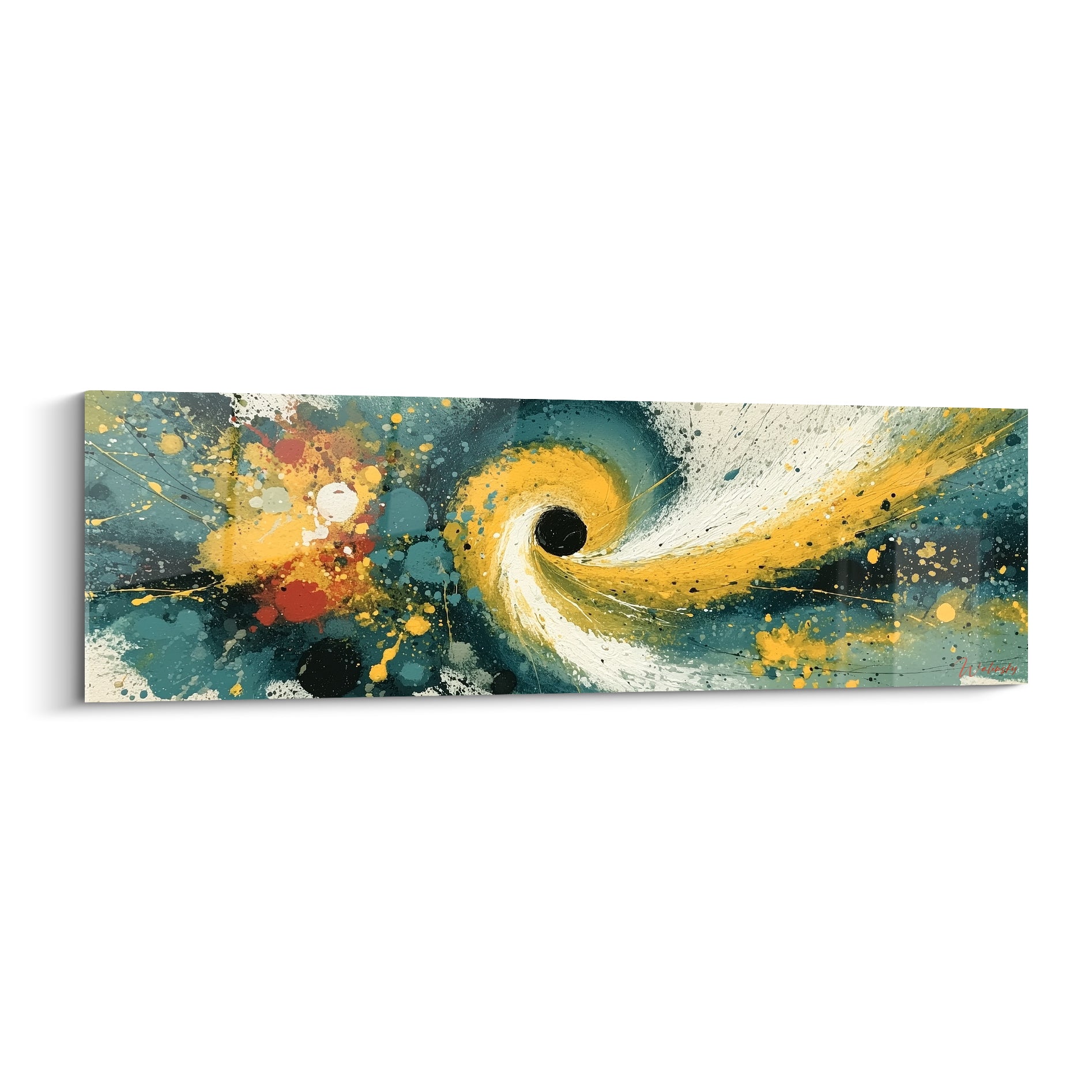 Spirale dorée et bleu canard s'enroulant vers un point noir, peinture abstraite gestuelle éclatante