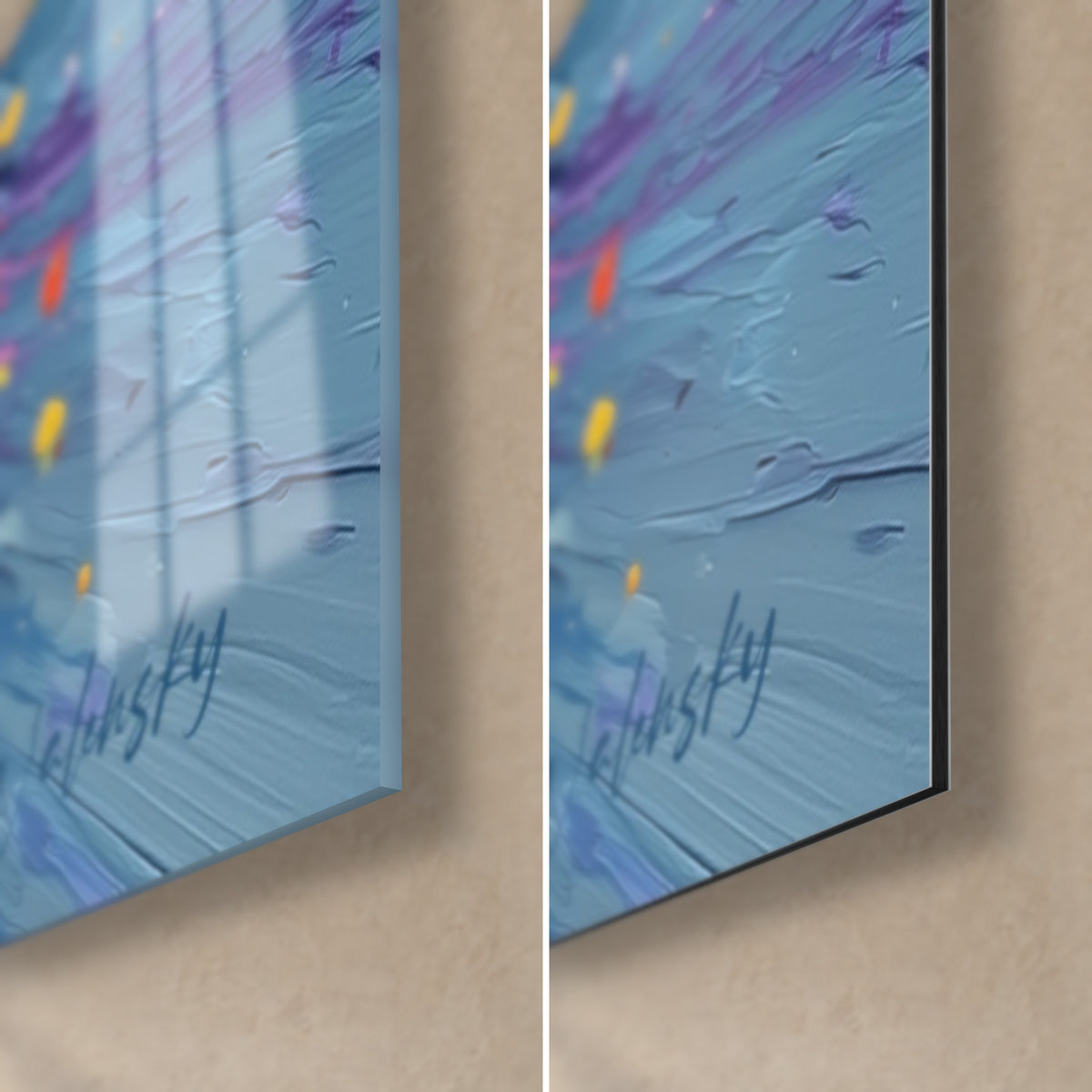 Quadro esplosione di pasta gialla e blu ardesia, angolo in basso a destra: vetro acrilico lucido a sinistra, Dibond nero opaco a destra
