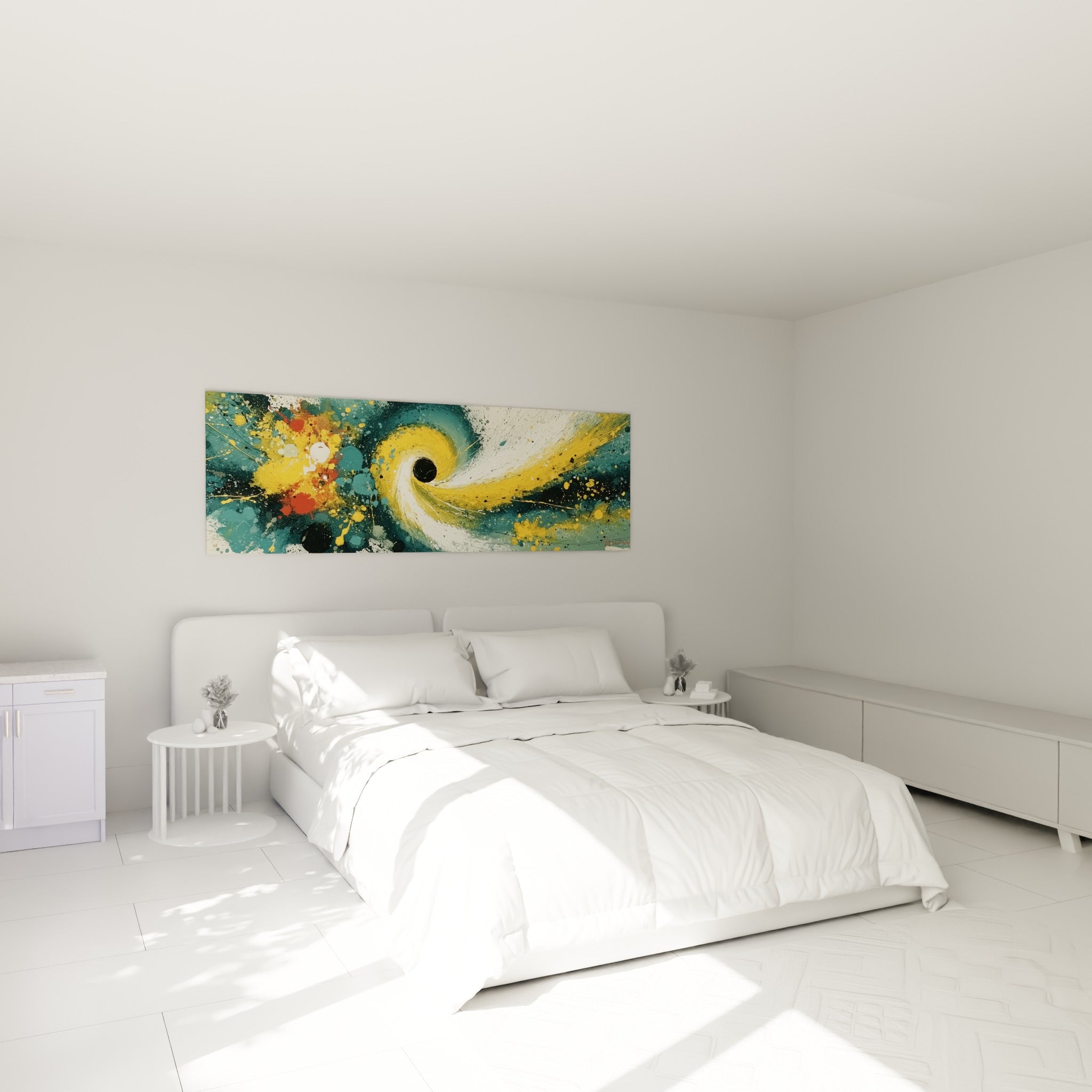 Vortex jaune et bleu canard aux éclaboussures rouges, accrochée au-dessus d'un lit dans une chambre claire