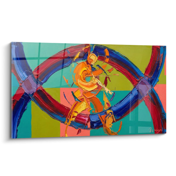 Tableau Anneaux entrelacés bleu et rouge sur damier vert - Tourbillon de couleurs - Edition style peinture