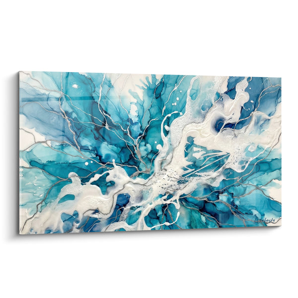 Tableau Ramure abstraite bleu turquoise et blanc - Écume figée - Edition style peinture