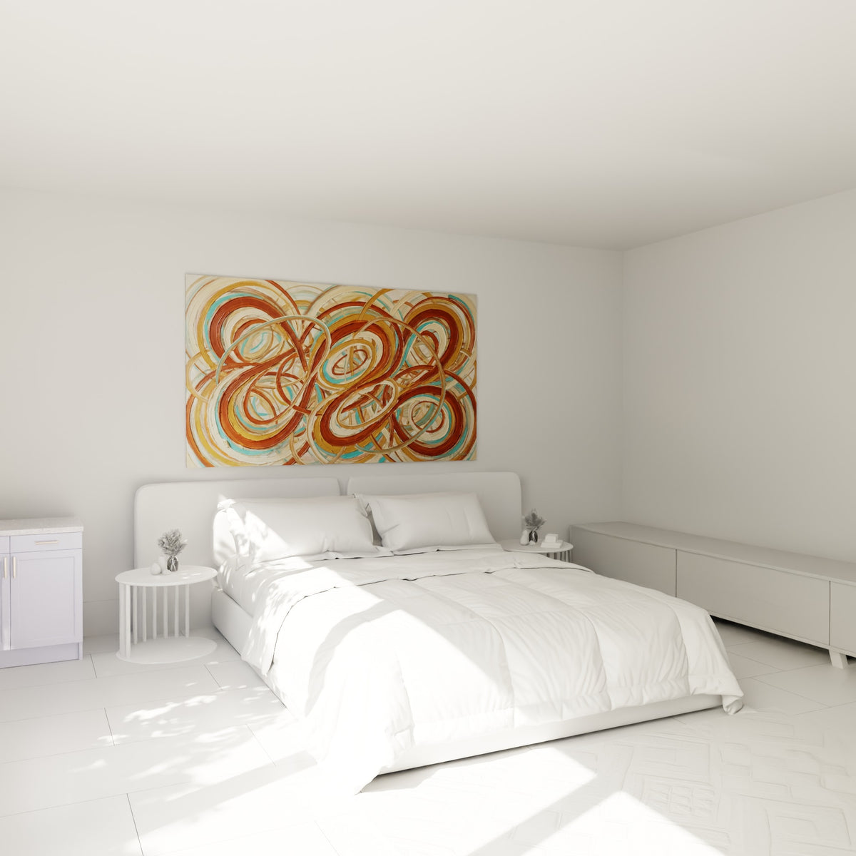 Boucles ocre et brunes tourbillonnantes au-dessus d'un lit dans une chambre claire, tableau style peinture