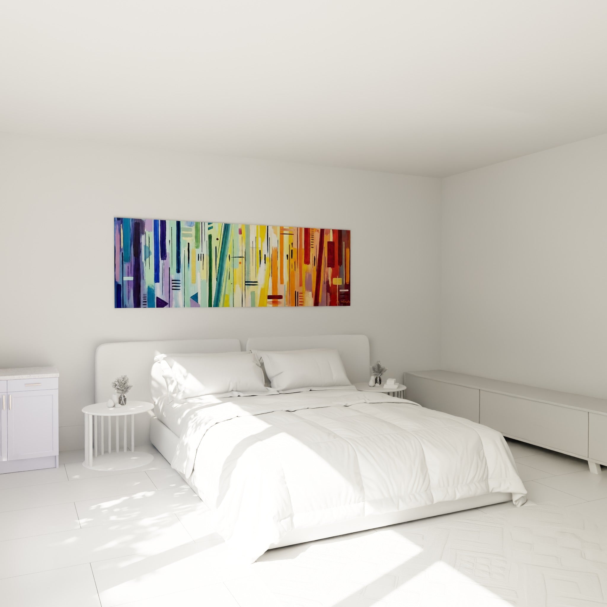 Dégradé abstrait bleu et terracotta, style peinture, au-dessus d'un lit dans une chambre claire