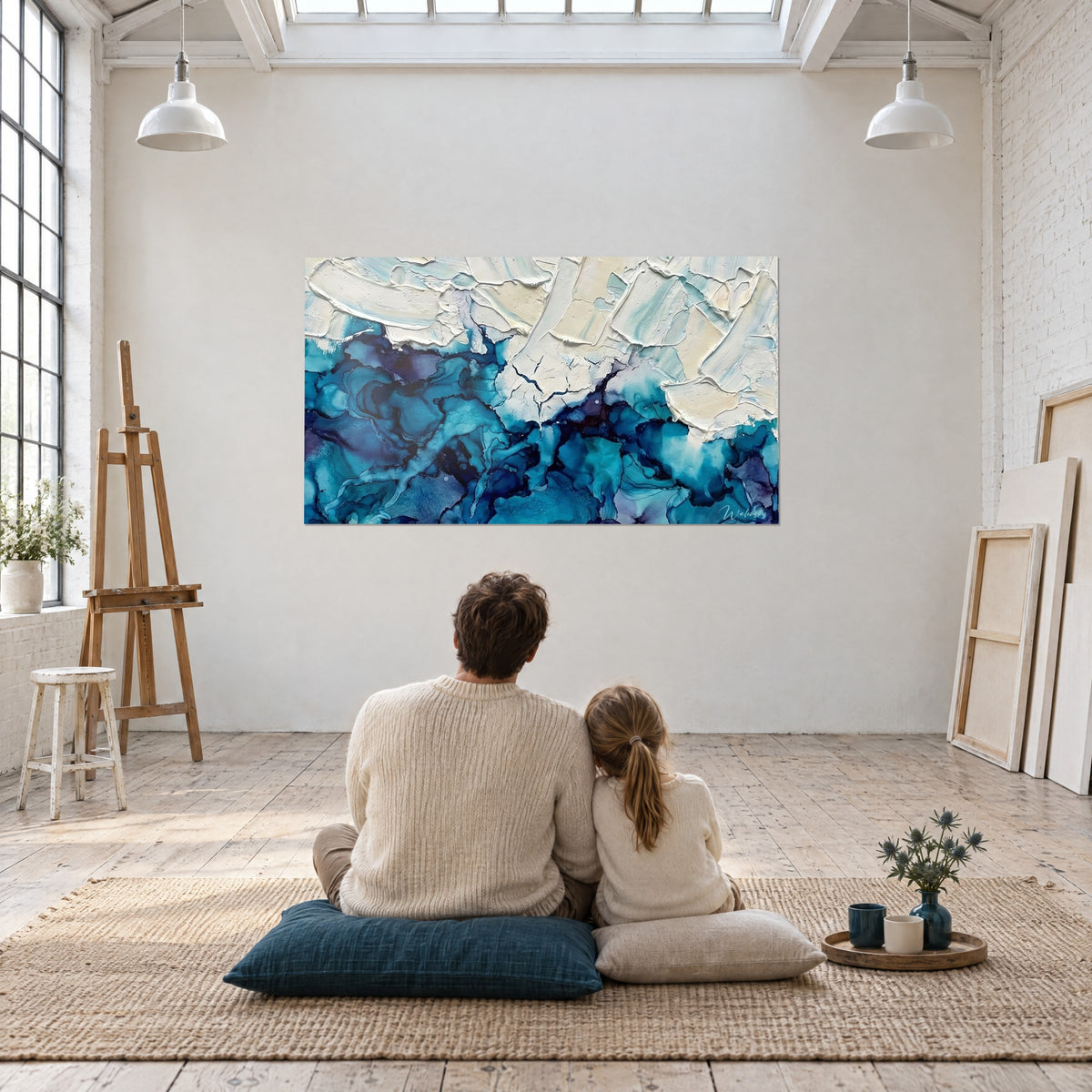 Gemälde einer abstrakten Meereslandschaft in Entenblau und Creme, strukturiert mit der Spachtel, Vater und Tochter sitzen ihm von hinten gegenüber in einem Atelierloft