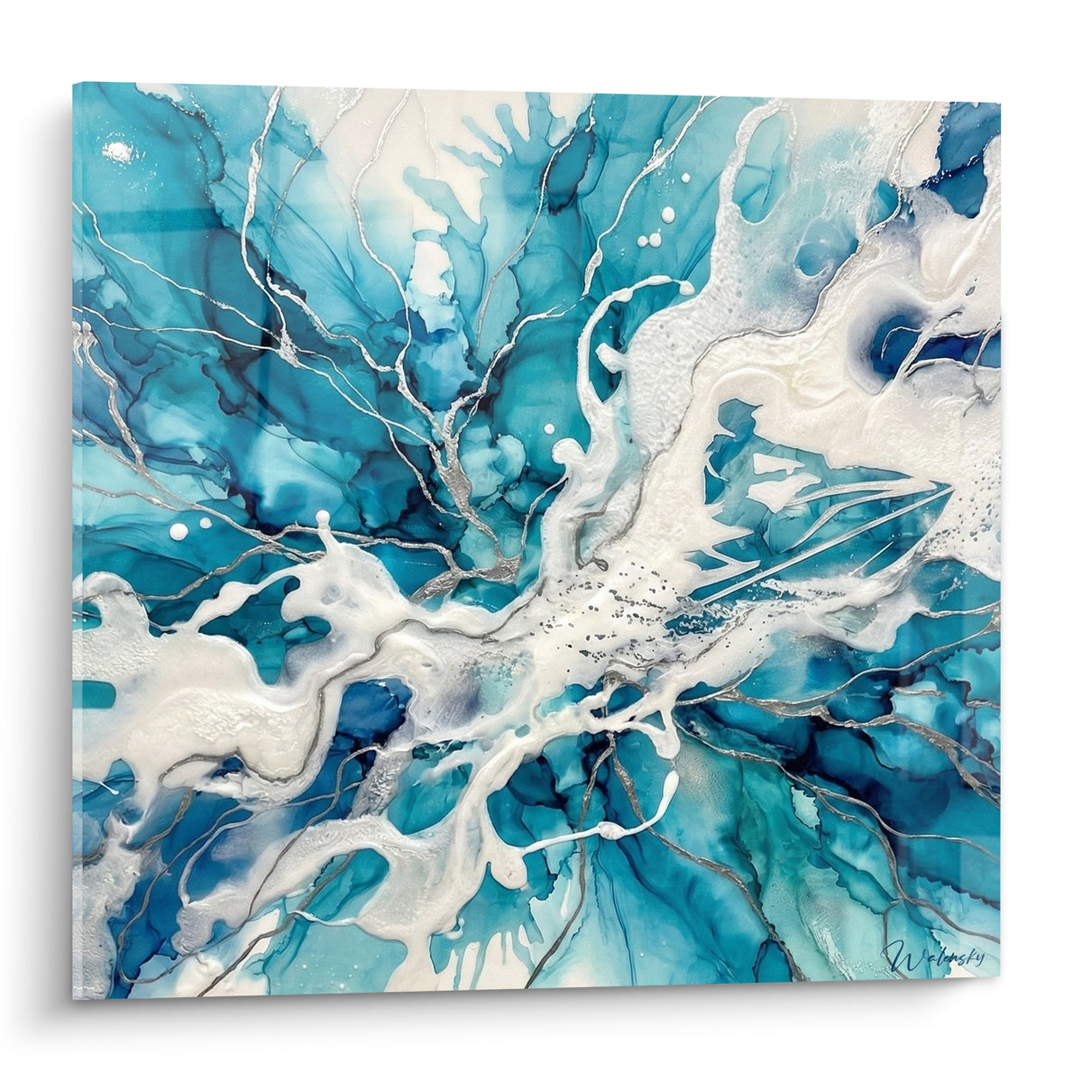 Éclaboussure turquoise et blanc nacré aux veines argentées, style peinture abstraite fluide sur toile