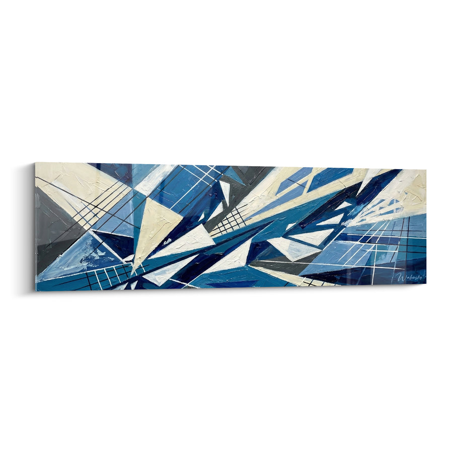 Tableau Triangles éclatés bleu marine et ivoire aux fines lignes quadrillées - Éclats triangulaires géométriques - Edition style peinture