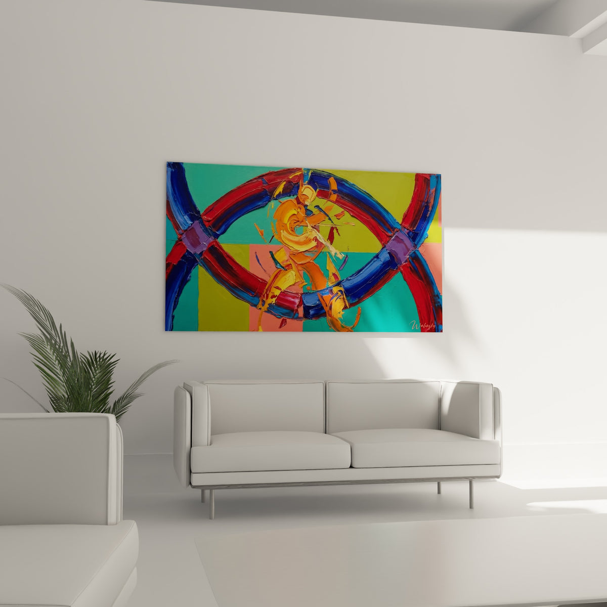 Entrelacs turquoise et corail avec éclats orangés vifs, au-dessus d'un canapé dans un salon lumineux
