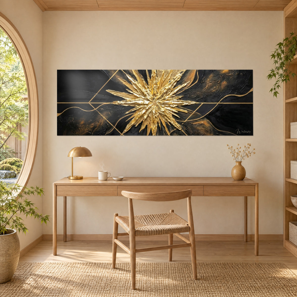 Tableau astre de feuille d'or en relief, noir velouté et reflets bronze, face à un bureau en chêne clair avec lampe laiton et chaise