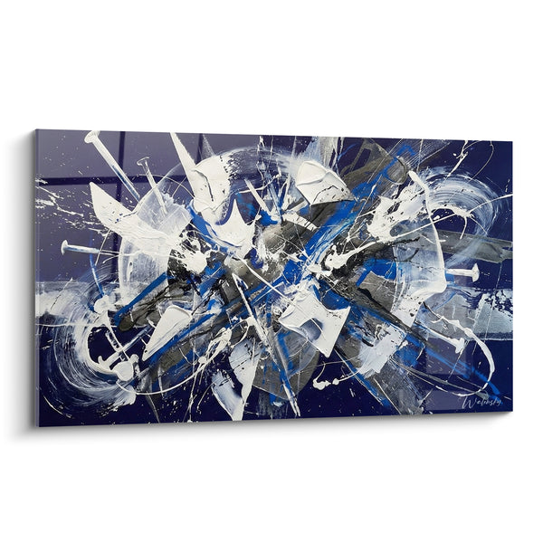 Tableau Clous plantés aux éclats blancs et bleus - Impact central saturé - Edition style peinture