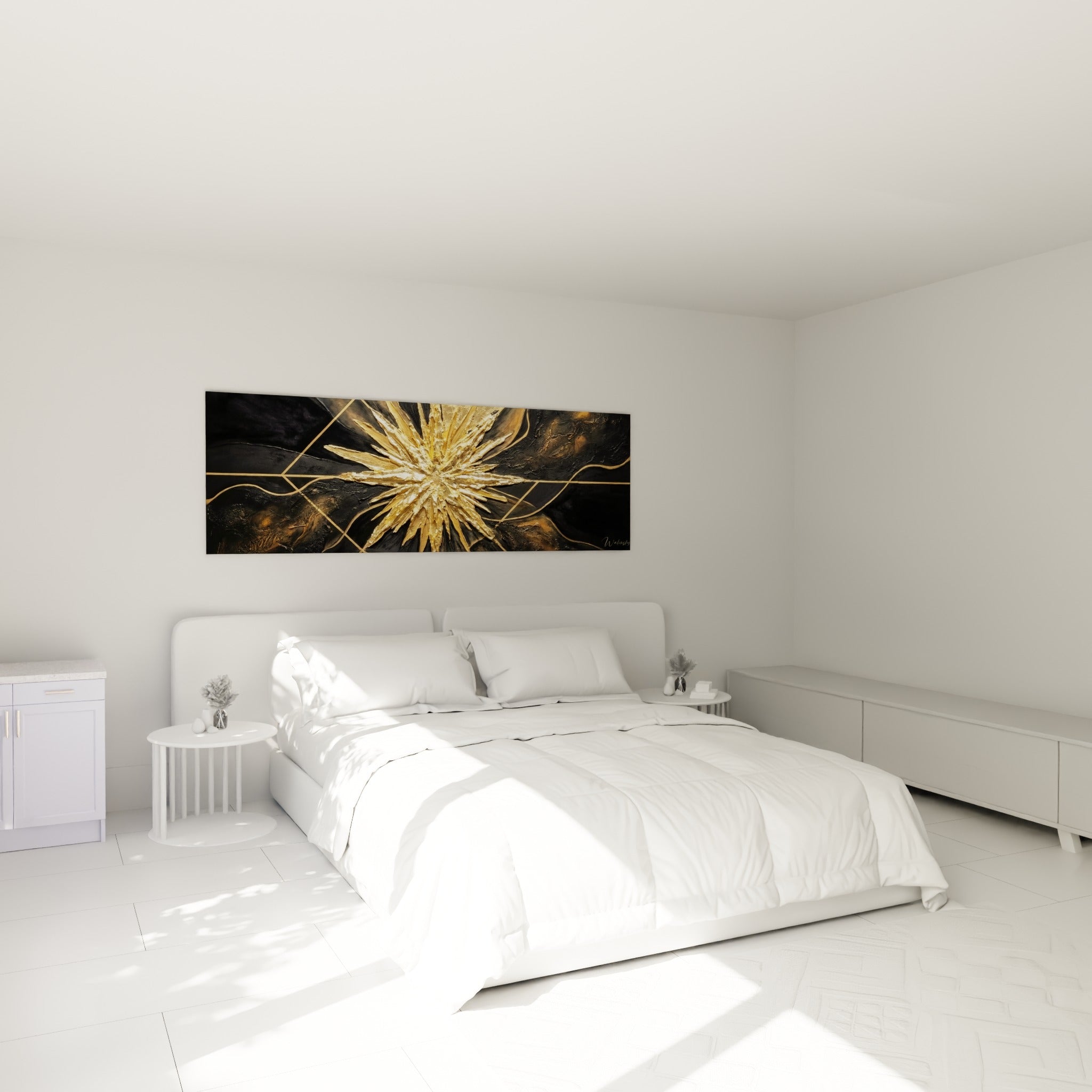 Étoile dorée sculpturale sur fond noir profond, tableau accroché au-dessus d'un lit dans une chambre claire.