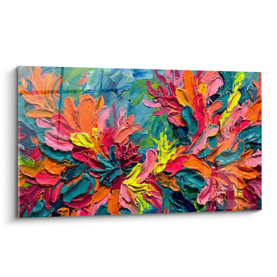 Tableau Fleurs orange et sarcelle en relief - Éclosion tropicale - Edition style peinture