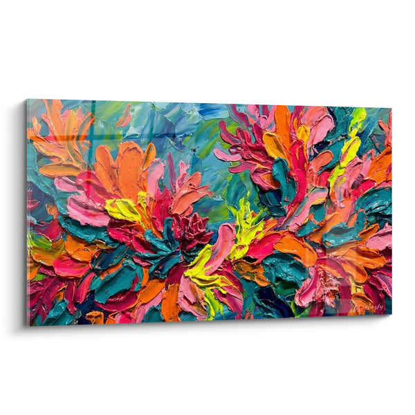 Tableau Fleurs orange et sarcelle en relief - Éclosion tropicale - Edition style peinture