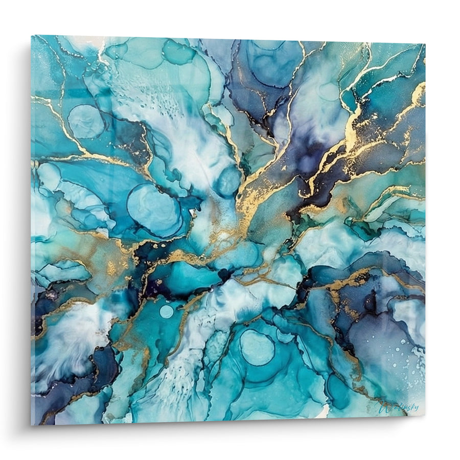 Tableau Marbrures turquoise et bleu marine dorées - Courant océanique - Edition style peinture