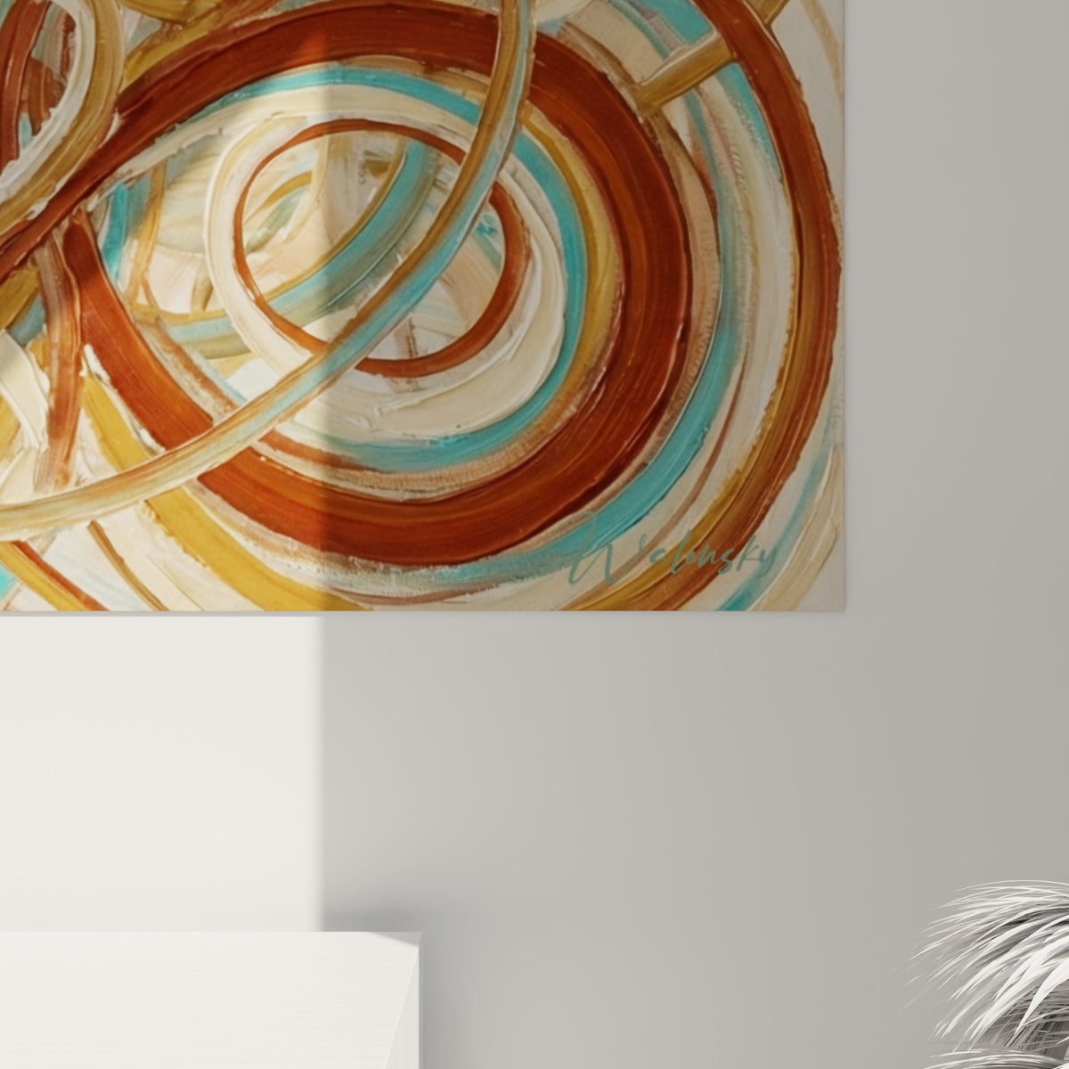 Matière épaisse et coulures visibles où l'ocre, le brun et le turquoise se touchent en relief sculpté