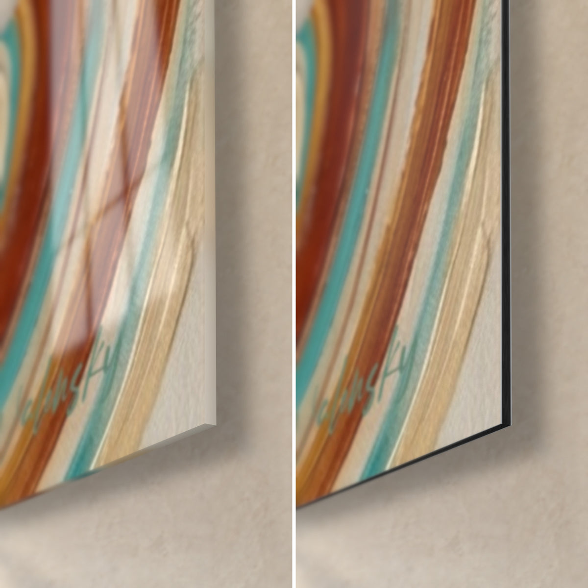 Quadro vortice di nastri in terracotta, turchese e crema, angolo in basso a destra in vetro lucido e Dibond opaco, spessore 3 mm