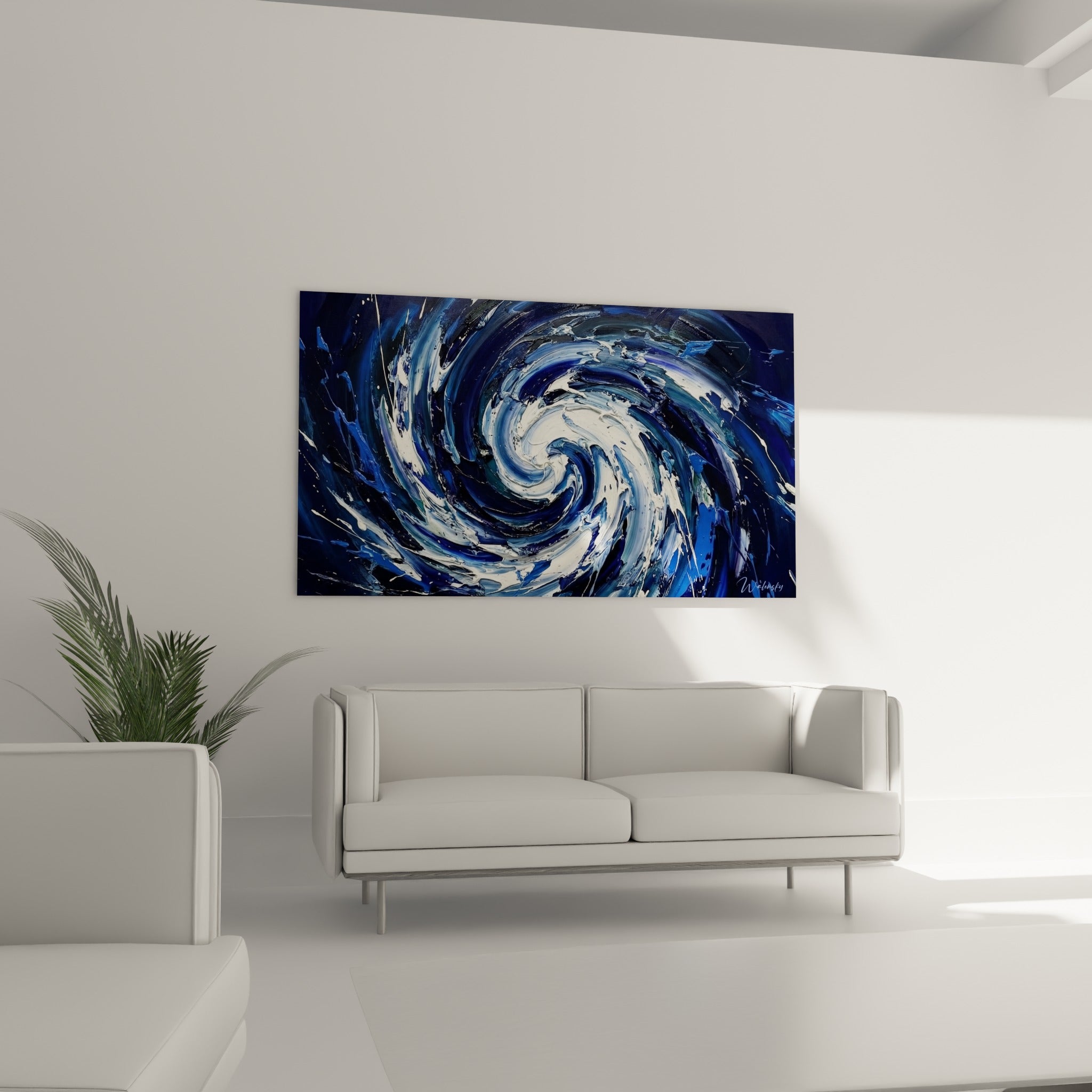 Vortex bleu nuit et blanc écumeux au mouvement centrifuge, au-dessus d'un canapé dans un salon lumineux